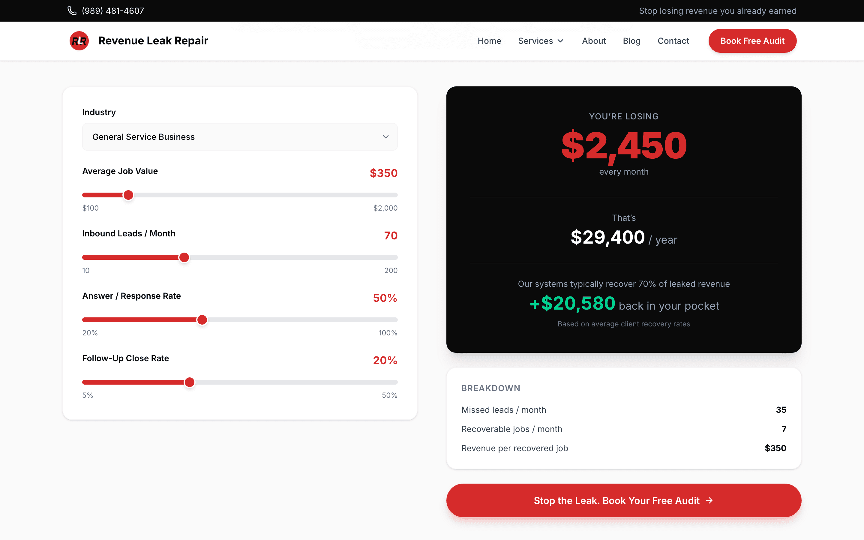 Interactive revenue loss calculator with industry selector and real-time loss projections