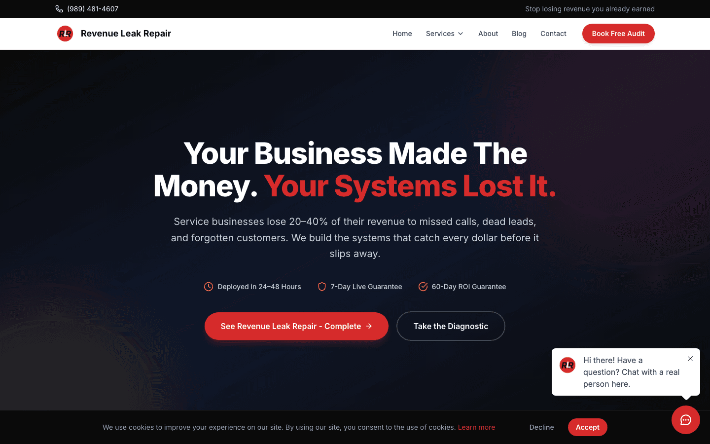 Revenue Leak Repair homepage with problem-first hero headline and conversion CTAs