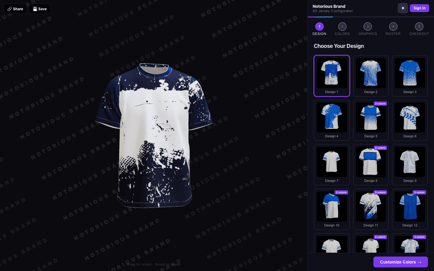 3D jersey viewer showing a selected design applied in real time