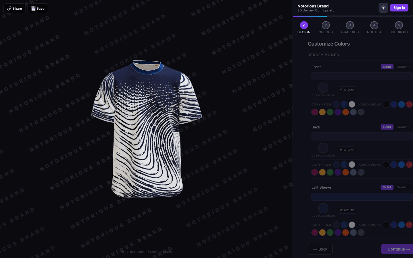 Color customization panel with zone-based coloring and color presets