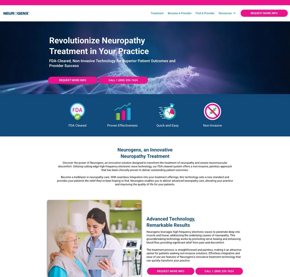 The Neurogenx website after the buyer-first build: a headline addressed to practices, FDA-cleared and proven-effectiveness badges, and Request More Info buttons.