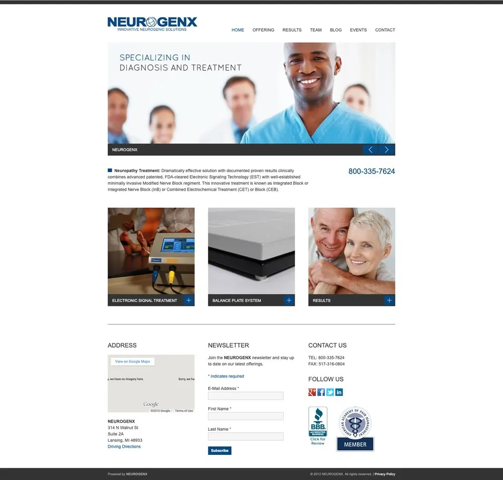 The Neurogenx website before: a stock photo of smiling doctors, a menu aimed at anyone, and dense paragraphs about the technology.